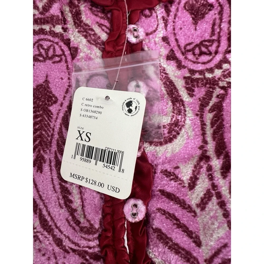 Free People Dare Me Velvet Cropped Blouse Pink Paisley Smocked Cropped Blouse XS